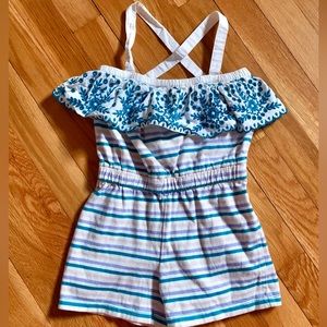 Hanna Andersson 110/5 Girls’ Summer Stripes Romper with Embroidered Ruffle